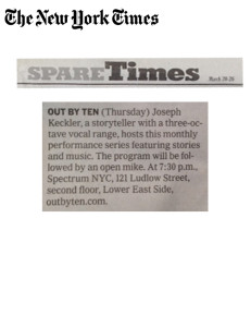 The New York Times' Spare Times section features Out by Ten.